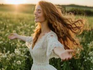 A happy woman dancing in a field, dressed modestly in a white dress considering how to start dressing modestly.