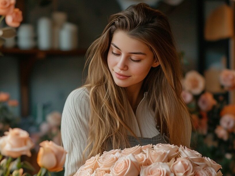 A woman holding flowers while smiling and considering how to start dressing modestly.