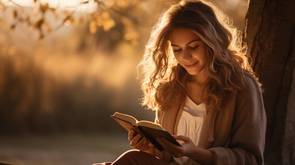 Girl reading book on how to start dressing modestly.